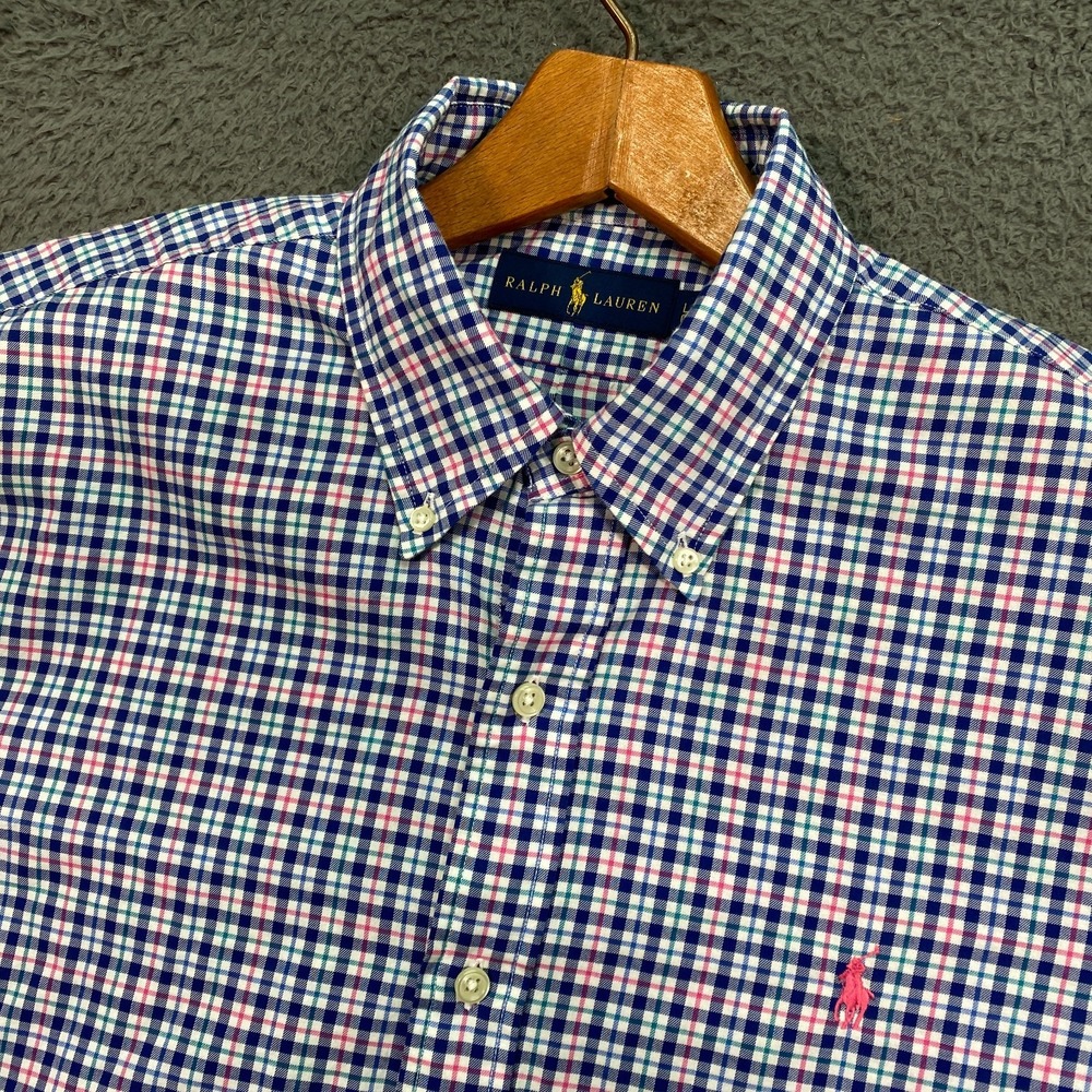 Ralph Lauren Mens L Plaid Button Down Shirt Multi-Color Logo Preppy